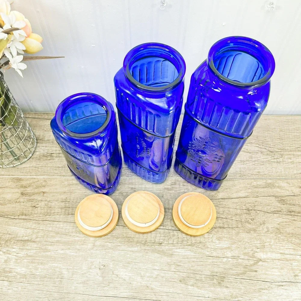 Vintage Cobalt Blue Canister Set of 3: Blue Glass Jars‎ with Wood Lids